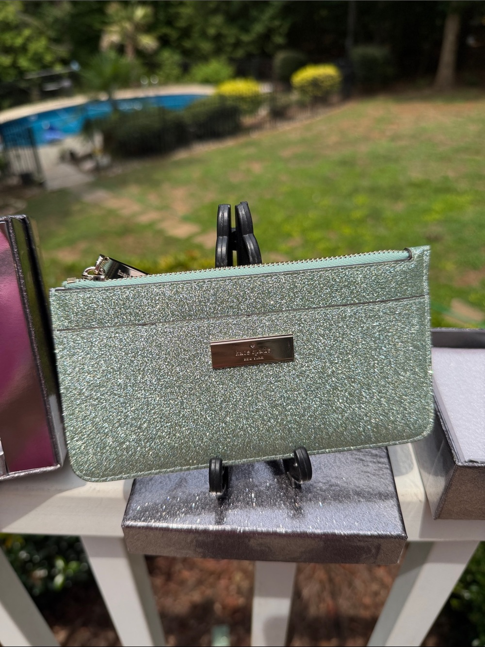 Kate Spade NWT Mini Tote Green Gold Glitter Bag, Wallet, Card Case Retail$580 - Picture 8 of 17